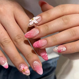 Pink 3D Floral Press On Nails: Custom Handmade Gel Nails