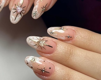 milky white gold star nails /custom press on nails/ hand made Press on Nails/Faux Acrylic Nails/ Gel Nails/Press on Nail