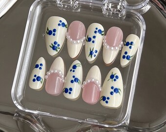 Hand Painted Blueberry Press On Nails: Custom Faux Acrylic Gel Nails