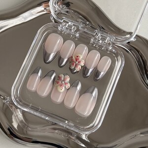 3D Flower Press On Nails: Silver Chrome French Tip, Handmade