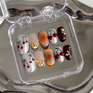 3D Cherry Graffiti Press On Nails: Handmade Faux Acrylic Gel Nails