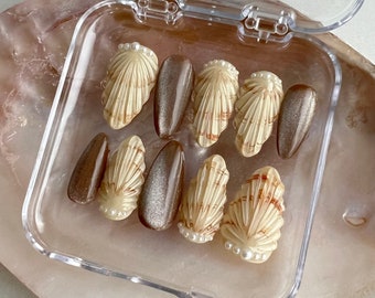 Seashell 3D Press On Nails: Handmade Faux Acrylic Gel Nails