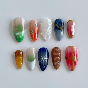 Colorful Graffiti Hand-Painted Press On Nails: Custom Faux Acrylic Gel Nails