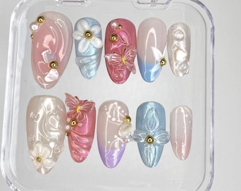 3D Floral Press On Nails: Colorful Hand-Painted Faux Acrylics