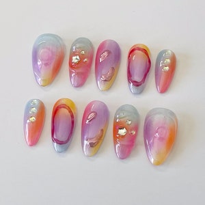 Multi Color Chrome 3D Press On Nails: Handgefertigte Kunstacrylgelnägel