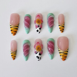 multi color 3d flower nails /custom press on nails/ hand made Press on Nails/Faux Acrylic Nails/ Gel Nails/Press on Nail