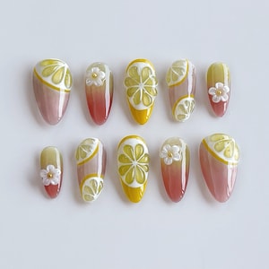3D Lemon Hand-Painted Press On Nails: Custom Gel Nail Set