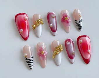 3D Pink Flower Press On Nails: Handmade Faux Acrylic Gel Nails