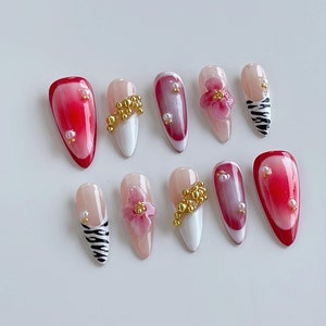 3D Pink Flower Press On Nails: Handmade Faux Acrylic Gel Nails
