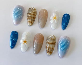 3D Ocean Seashell Press On Nails: Handmade Faux Acrylic Gel Nails