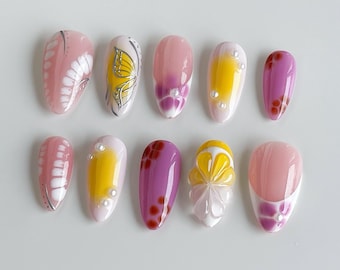 3D Zitronenfrucht Press On Nails: Handbemalte Faux Acrylgelnägel