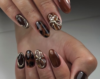 Tortoise Shell 3d flower Press On Nails: Handmade custom Nails