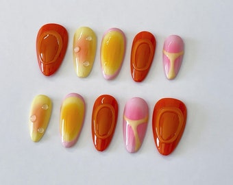 Uñas postizas 3D en color rosa atardecer: uñas de gel acrílico de imitación hechas a mano