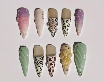 3D Flora Hand-Painted Press On Nails: Custom Faux Acrylic Gel Nails