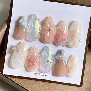 Handmade 3D Flora Press On Nails: Soft Pink Gel Faux Acrylics
