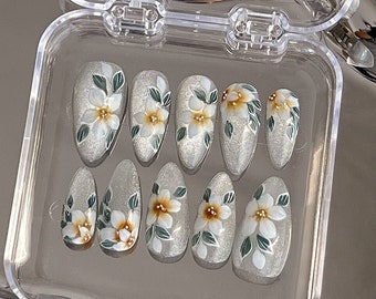 Hand-Painted Flower Cat Eye Press On Nails: Custom Gel Faux Acrylic Nails