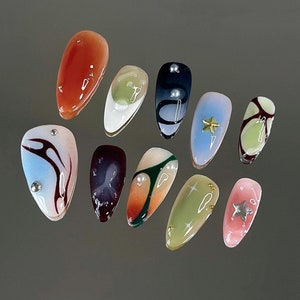 Colorful Graffiti Hand-Painted Press On Nails: Custom Gel Faux Acrylics