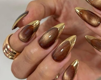 gold Chrome French Press On Nails: Hand-Painted custom Nails