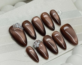 Cat Eye Flower Press On Nails: Handmade Faux Acrylic Gel Nails