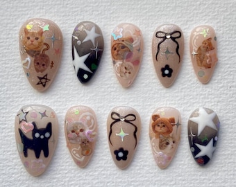 cute kitten french star Nails/ hand painted nails /custom press on nails/ hand made Press on Nails/Faux Acrylic Nails/ Gel Nails