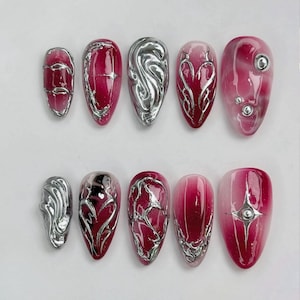 Y2K Chrome Press On Nails: 3D Silver Handmade Faux Nails