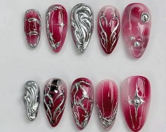 Y2K Chrome Press On Nails: 3D Silver Handmade Faux Nails