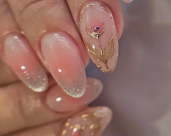 Glitter Tulip Cat Eye Press On Nails: Handmade Faux Acrylic Gel Nails