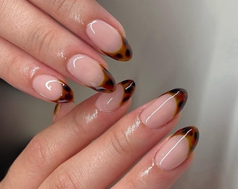 Tortoise Shell French Tip Press On Nails: Handmade Leopard Print