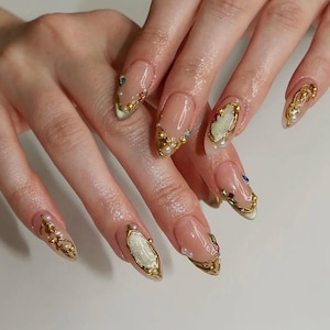 gold chrome glitter gems nails /custom press on nails/ hand made Press on Nails/Faux Acrylic Nails/ Gel Nails/Press on Nail