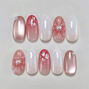 Pink Flower 3D Press On Nails: Handmade Faux Acrylic Gel Nails