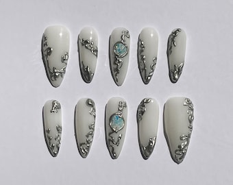 Silver Liner Milky White Press On Nails: Handmade Faux Acrylic Gel Nails
