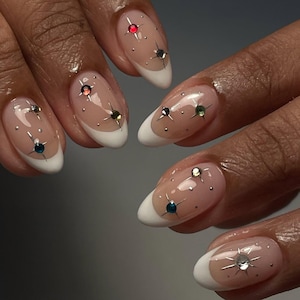 white french star hand painted nails/ custom press on nails/ hand made Press on Nails/Faux Acrylic Nails/ Gel Nails/Press on Nail