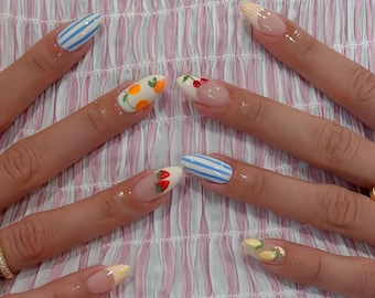 Summer Fruits Press On Nails: Handmade Faux Acrylic Gel Nails