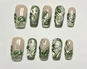 green cat eye 3d flower Press On Nails: hand painted customNails