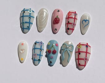 Handgemachte 3D-Kirsche Press On Nails, süße Faux Acrylnägel