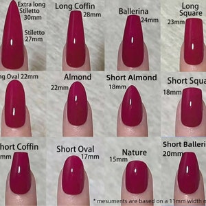 May include: A chart showing different nail shapes and their corresponding lengths in millimeters. The shapes include extra long stiletto, stiletto, long coffin, ballerina, long square, long oval, almond, short almond, short square, short coffin, short oval, nature, and short ballerina.