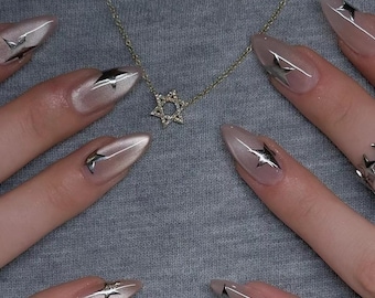 Pink Cat Eye Star Press On Nails: Handmade Acrylic Gel Nails