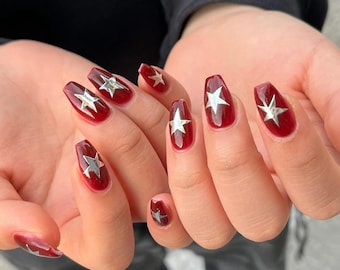 Silver Star Press On Nails: Handmade Faux Acrylic Gel Nails