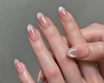 Unhas postiças com glitter estilo olho de gato ombré: unhas de gel acrílico artificiais feitas à mão