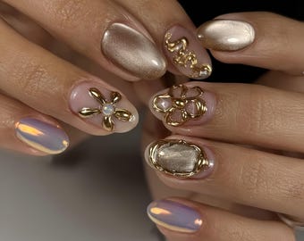 3d gold brown flower Press On Nails: Handmade custom Gel Nails