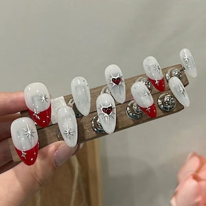 Handmade Red French Star Press On Nails: Custom Gel Nail Art