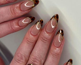 Tortoise Shell French Tip Press On Nails: Handmade Leopard Print