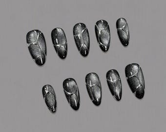 silver chrome black cat eye Press On Nails: hand painted custom nails