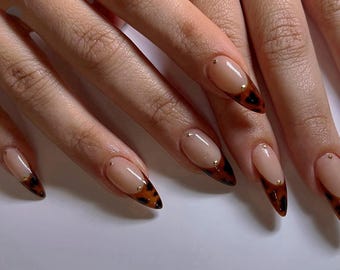 tortoise shell leopard french nails /custom press on nails/ hand made Press on Nails/Faux Acrylic Nails/ Gel Nails/Press on Nail
