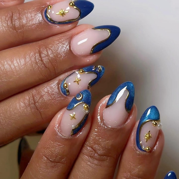 Glitter Star Cateye Press On Nails: Handmade Faux Acrylic Gel Nails