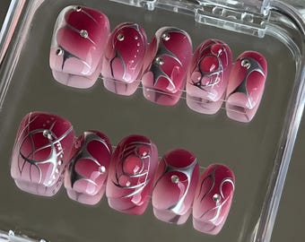 3D Pink Silver Press On Nails: Handmade Faux Acrylic Gel Nails