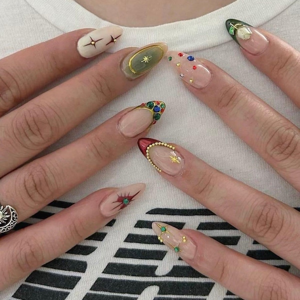 Uñas postizas con grafiti cromado Y2K: uñas de gel acrílico falso pintadas a mano