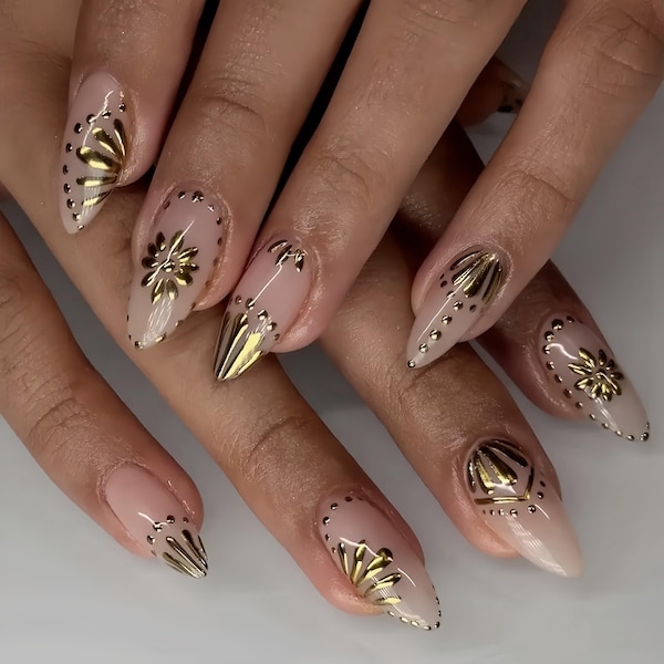 Gold Chrome flower Nails  | Handmade Custom Press On Nails