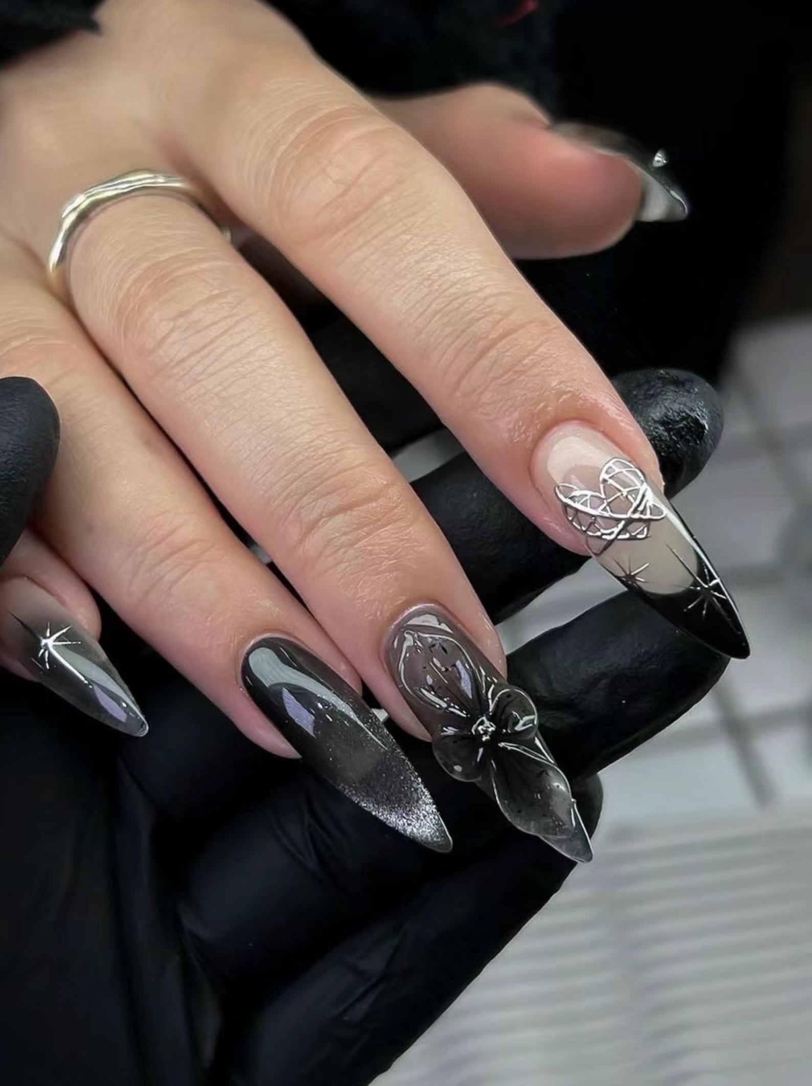 glitter-black-3d-hand-painted-press-on-nails-etsy