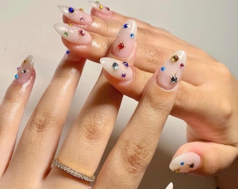 Milky White Rhinestone Press On Nails: Handmade Faux Acrylic Gel Nails